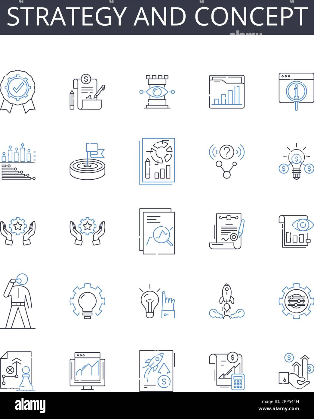Collezione di icone di linee strategiche e concettuali. Pianificazione e schema, idea e pensiero, approccio e metodo, obiettivo e obiettivo, visione e missione, Sistema e. Illustrazione Vettoriale