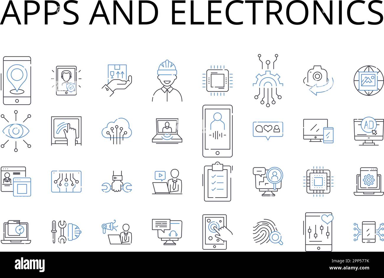 Raccolta di icone delle linee di applicazioni ed elettronica. Computer e dispositivi, veicoli e trasporti, Abbigliamento e abbigliamento, cibo e cucina, Musica e.. Illustrazione Vettoriale