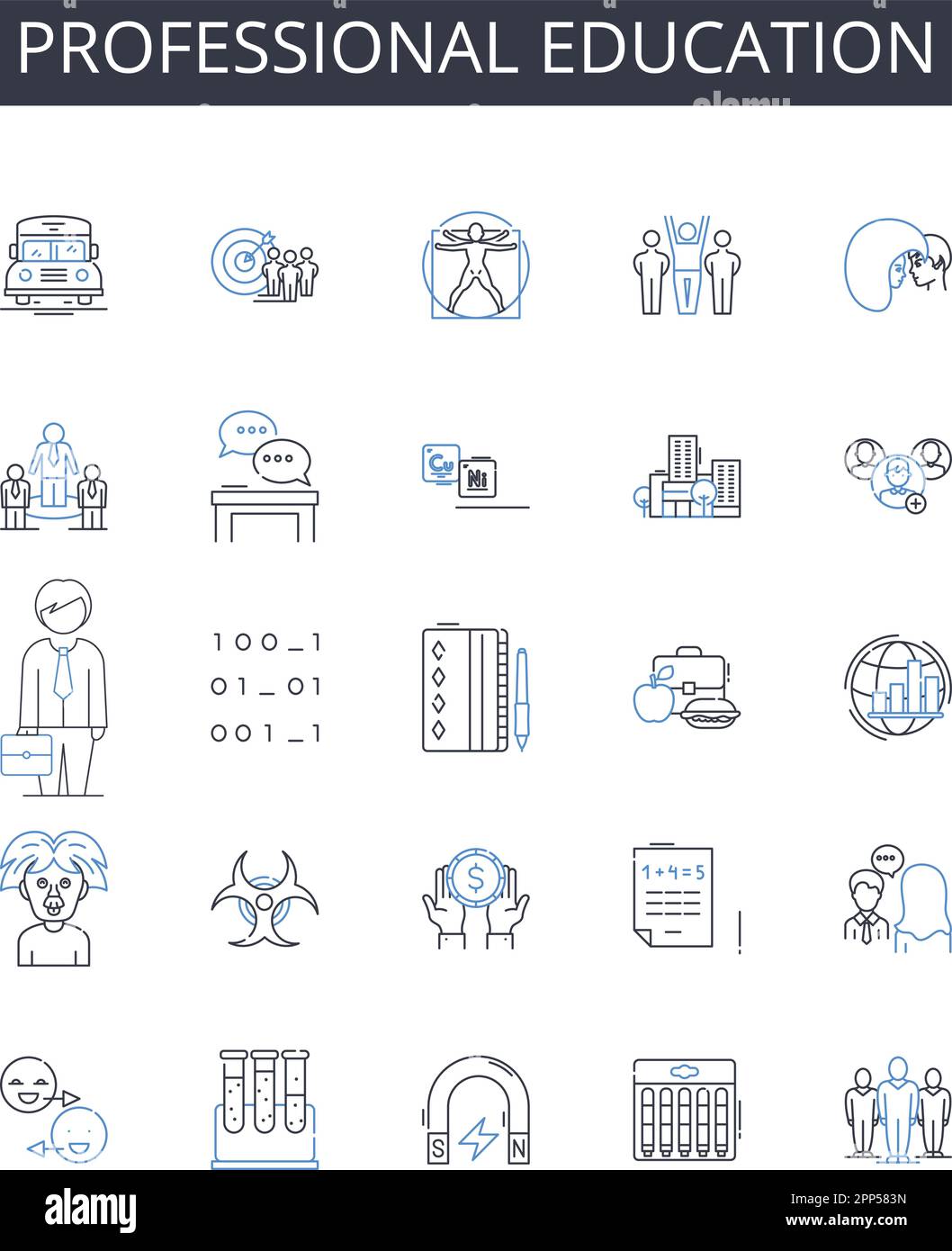 Collezione di icone della linea di formazione professionale. Istruzione superiore, formazione di esperti, formazione tecnica, Studi avanzati, Studi laureati, Specializzato Illustrazione Vettoriale