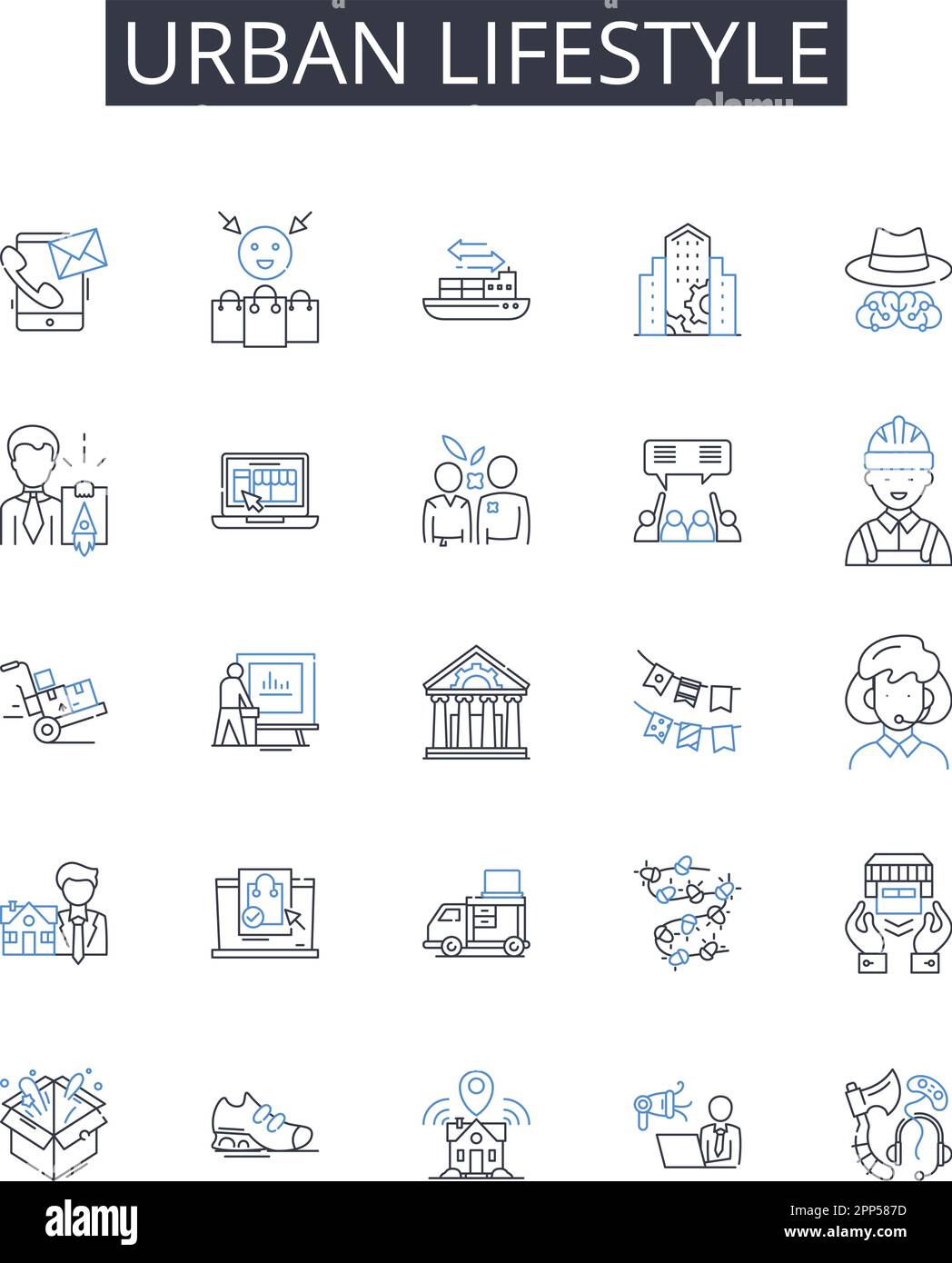 Collezione icone linea stile di vita urbano. Vita rurale, atmosfera cosmopolita, cultura metropolitana, routine veloce, esistenza moderna, Contemporaneo Illustrazione Vettoriale