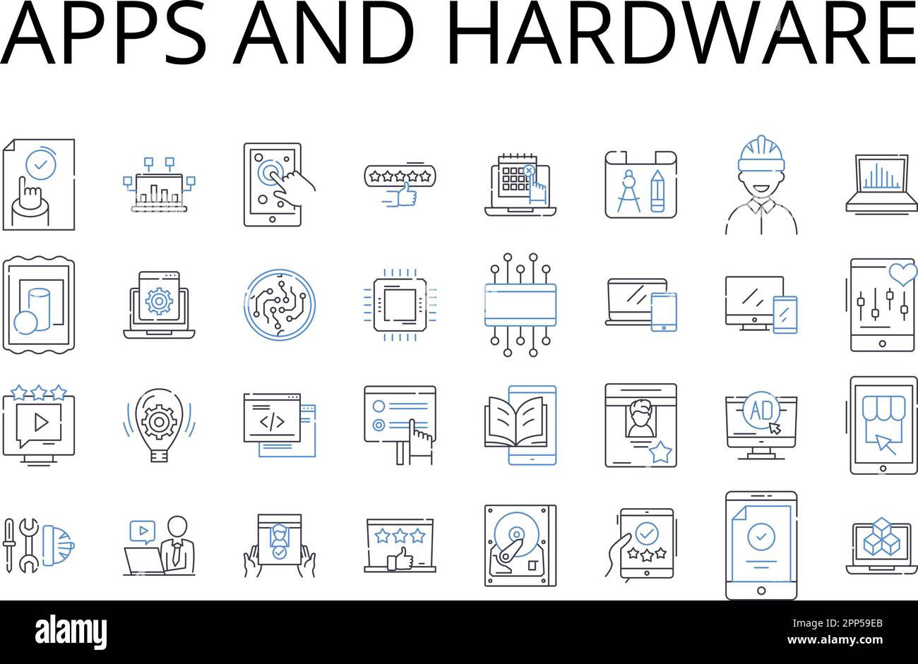 Raccolta di icone delle linee hardware e app. Software e tecnologia, cibo e cucina, Divertimento e intrattenimento, Arte e creatività, Amore e romanticismo Illustrazione Vettoriale