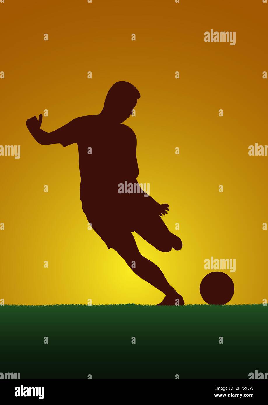 Torneo di calcio, giocatore di calcio su sfondo tramonto. Poster vettoriale con uomo che gioca a gioco e palla in silhouette Illustrazione Vettoriale