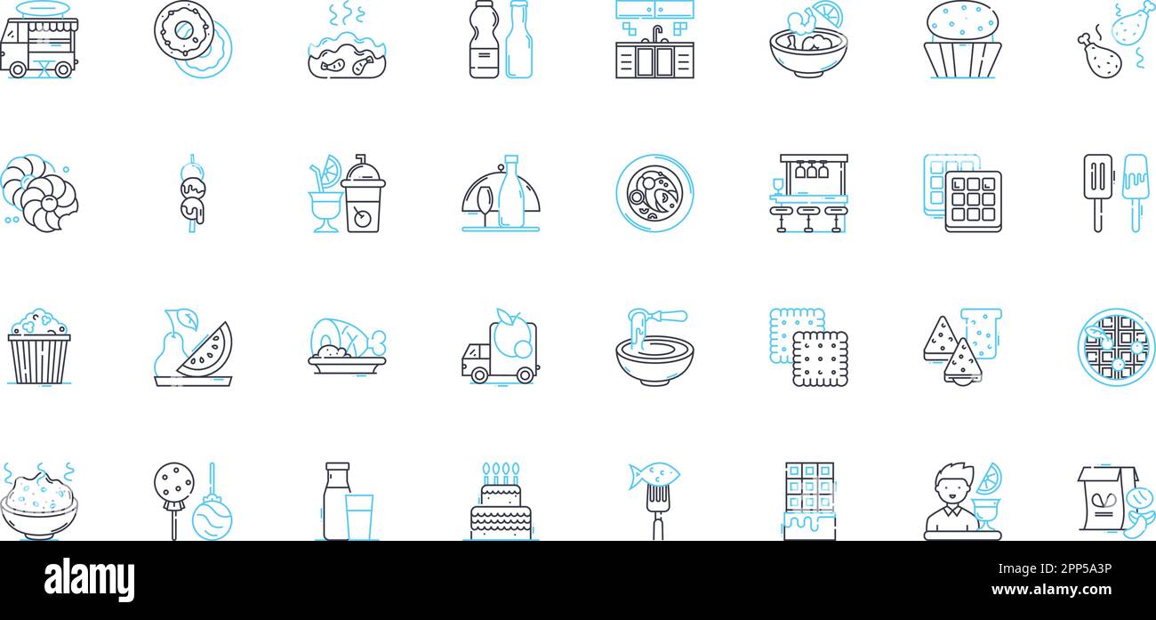 Set di icone lineari per la ristorazione. Veloce, facile, prefabbricato, microonde, congelato, Segnali vettoriali e concettuali snackable, Ready-to-eat. Portatile Illustrazione Vettoriale