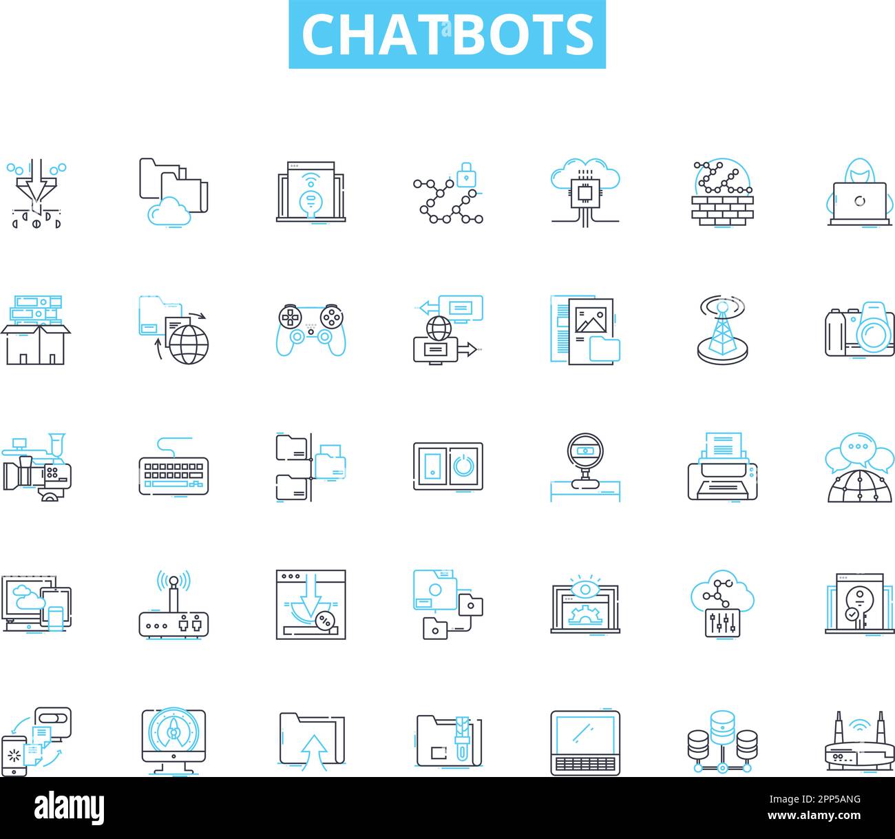 Icone lineari chatbot set. Automazione, conversazione, interazione, intelligenza, intelligenza artificiale, Assistenza, coinvolgimento di vettori di linea e segnali concettuali. Facile da usare Illustrazione Vettoriale