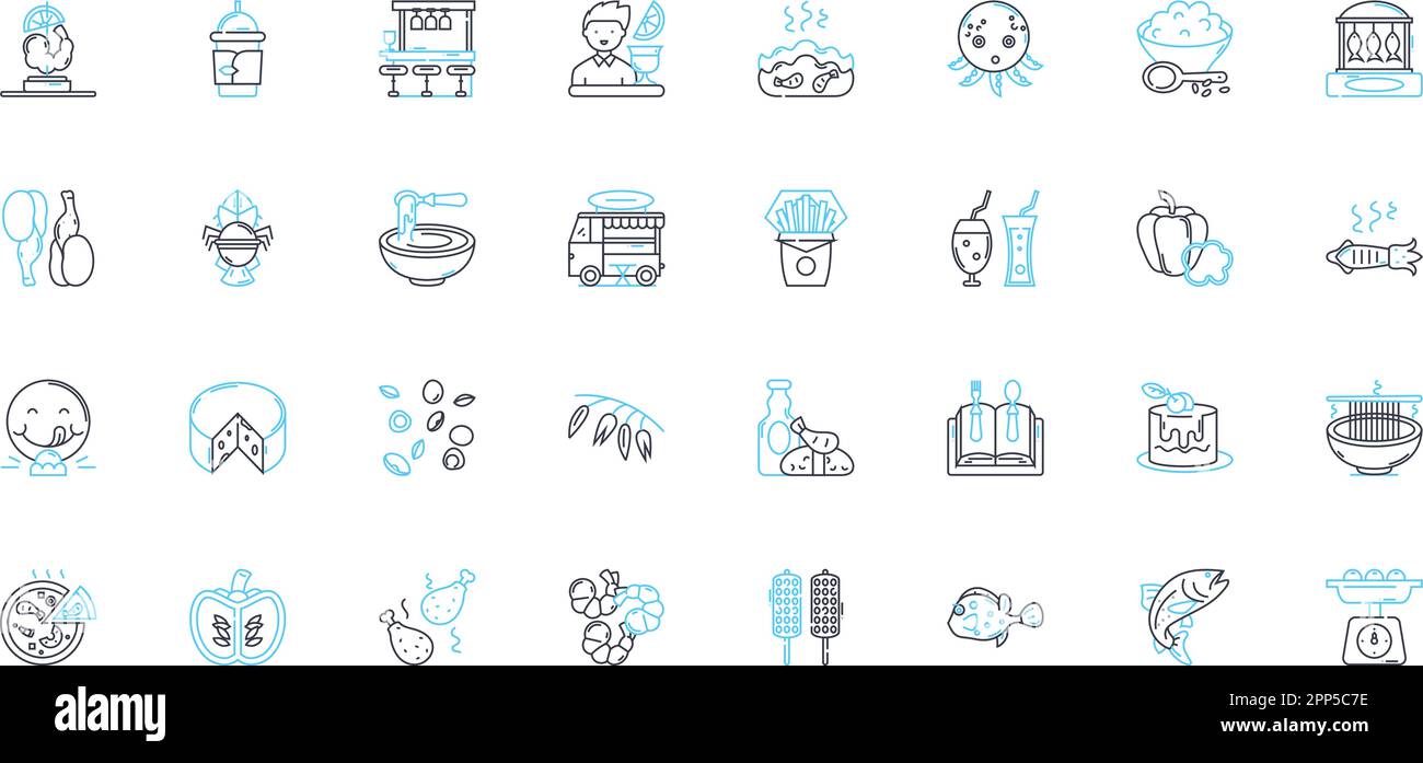 Set di icone lineari per il settore alimentare. Produzione, ingredienti, qualità, sicurezza, lavorazione, Confezionamento, linee di prodotti per l'igiene e segnaletica concettuale Illustrazione Vettoriale