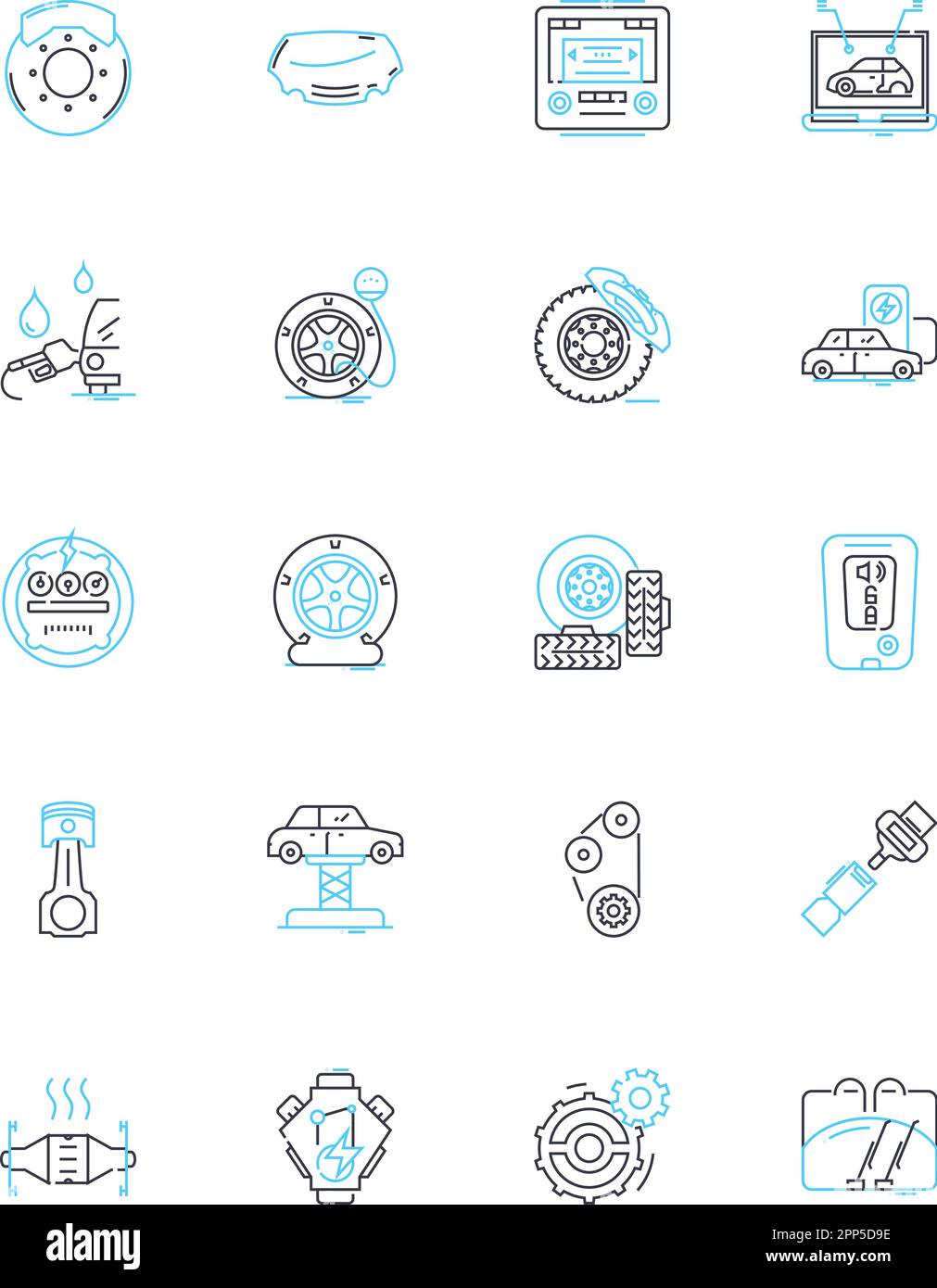 Set di icone lineari per la manutenzione del veicolo. Dettagli, ceratura, lucidatura, pulizia, manutenzione, Pneumatici, linee petrolifere e segnali concettuali. Motore, batteria, freni Illustrazione Vettoriale