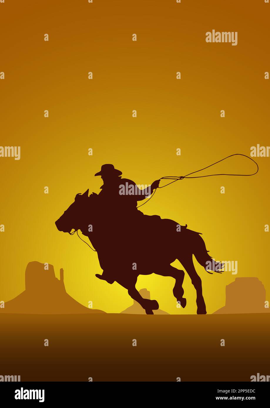 Torneo di rodeo, sfondo tramonto. Vector poster cowboy e lazo sul cavallo in grande canyon in silhouette Illustrazione Vettoriale