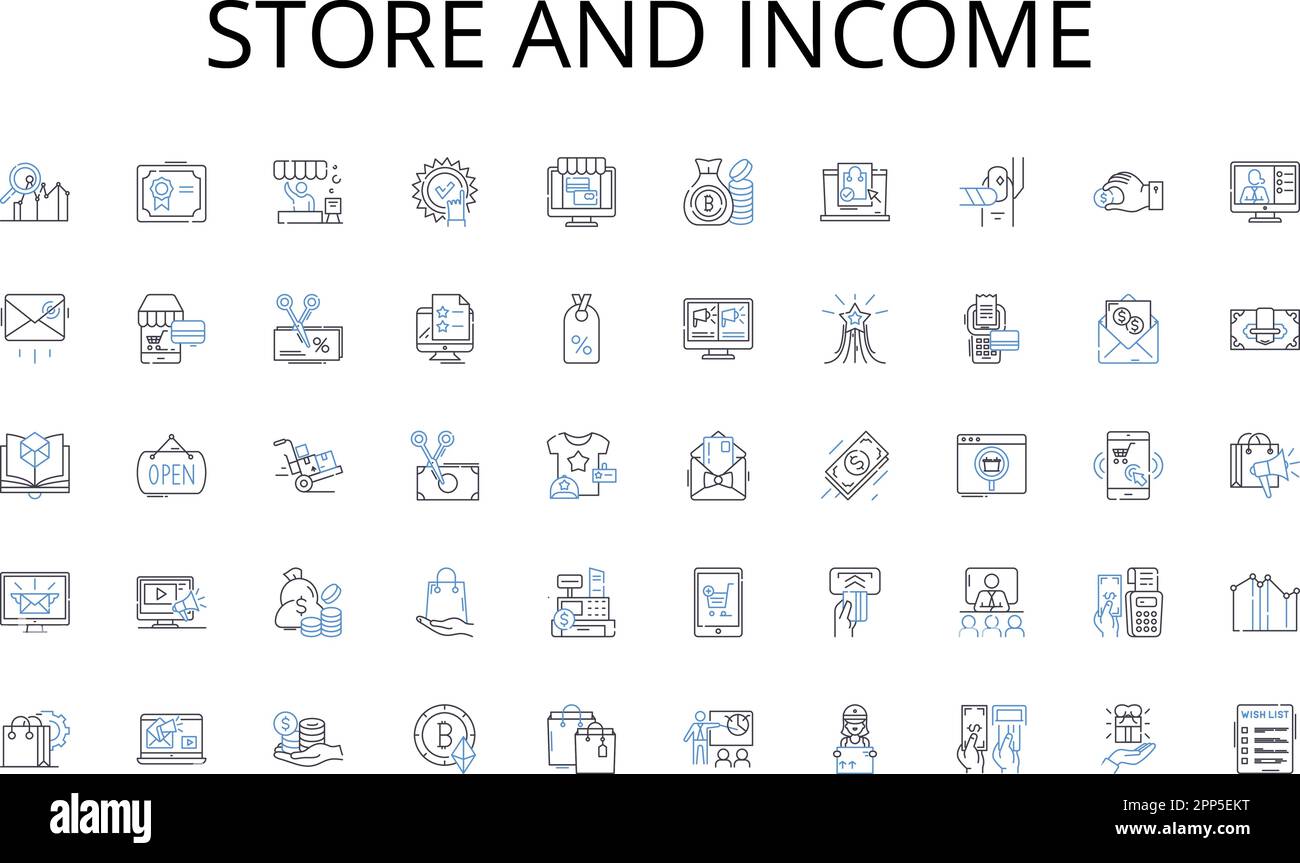 Negozio e linea di reddito icone raccolta. Spostamenti, traffico, metropolitana, bicicletta, treno, Traghetto, vettore carpool e illustrazione lineare. Giro-sharing, autobus Illustrazione Vettoriale