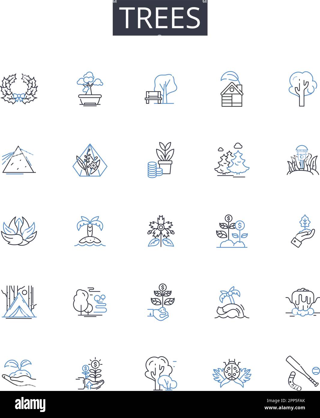 Alberi linea icone raccolta. Forest, Woodland, Grove, Orchard, Plantation, Illustrazione copse, Stand Vector e lineare. Timberland, Thicket, Arboreto Illustrazione Vettoriale