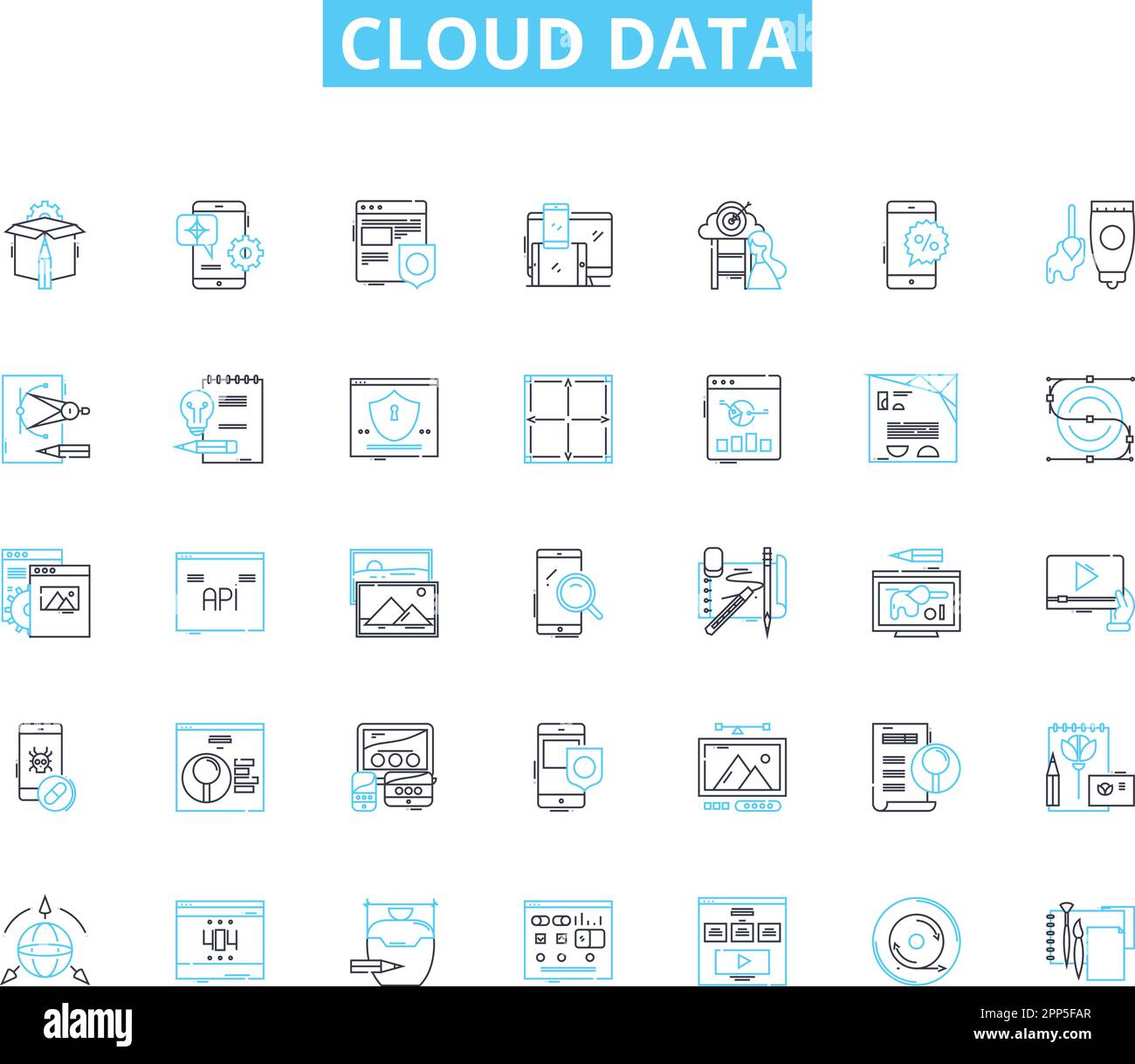 Set di icone lineari dei dati cloud. Sync, Backup, sicurezza, accessibilità, scalabilità, Flessibilità, vettore di linea di mobilità e segnali concettuali. Collaborazione Illustrazione Vettoriale