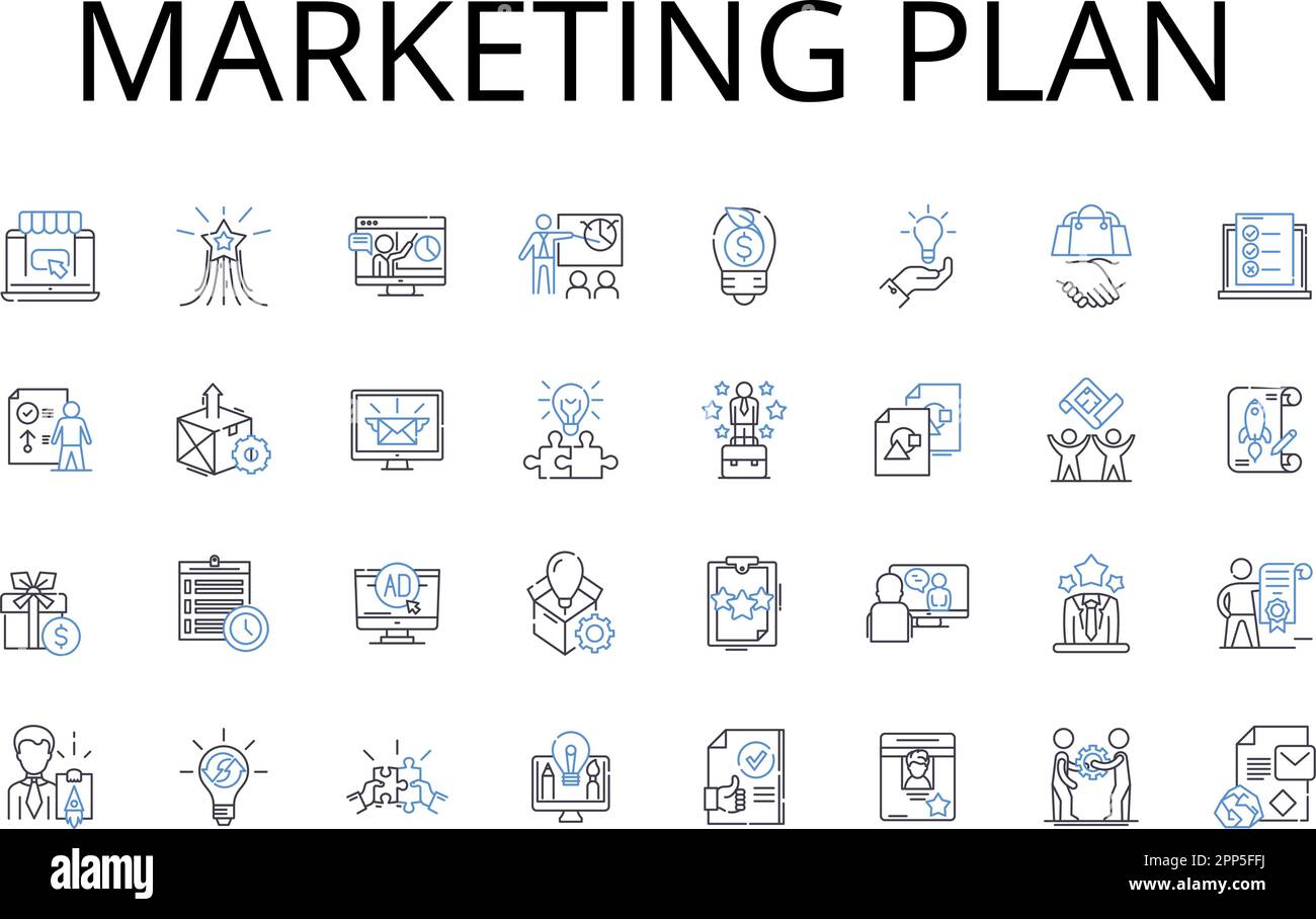 Marketing piano linea icone raccolta. Presentazione delle vendite, programma pubblicitario, tecnica promozionale, strategia del marchio, campagna pubblicitaria, Posizionamento del prodotto Illustrazione Vettoriale