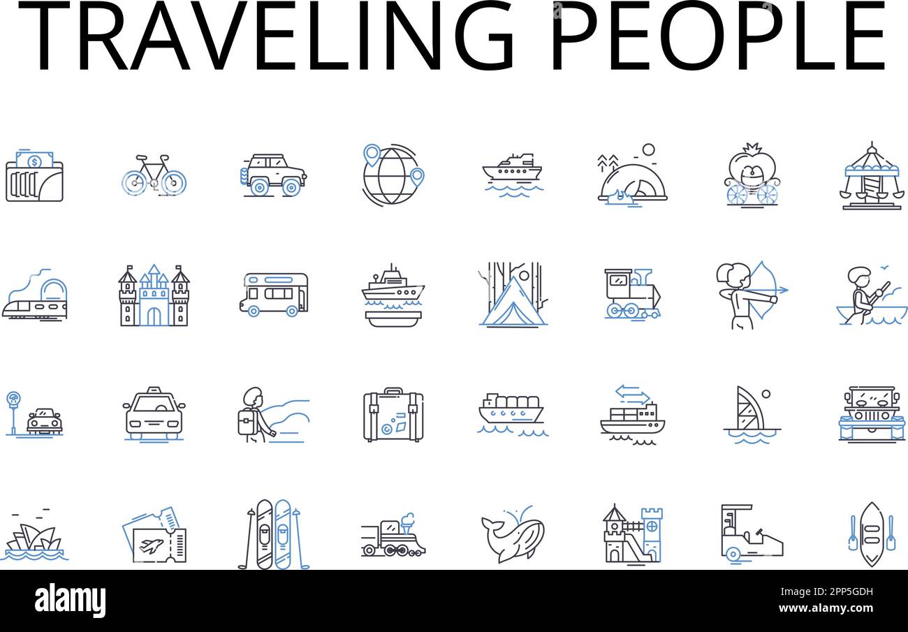 Collezione icone linea persone in viaggio. Nomadi in roaming, appassionati di Wanderlust, esplorando i viaggiatori, turisti avventurosi, viaggiatori Jet-setting Illustrazione Vettoriale