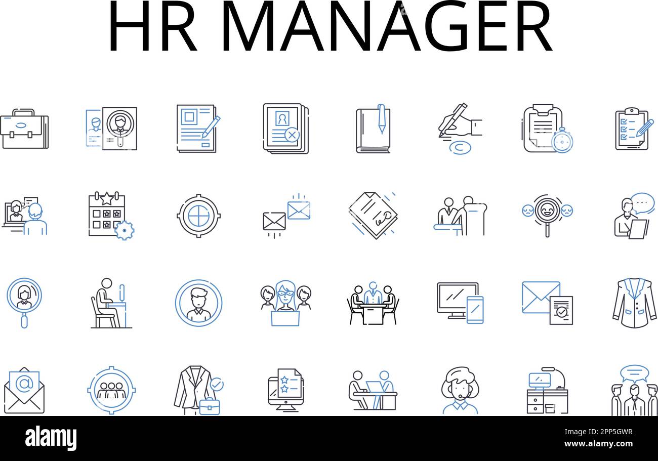 Raccolta delle icone delle linee del manager delle risorse umane. Direttore marketing, responsabile vendite, responsabile progetto, analista aziendale, consulente IT, Specialista finanziario, operazioni Illustrazione Vettoriale