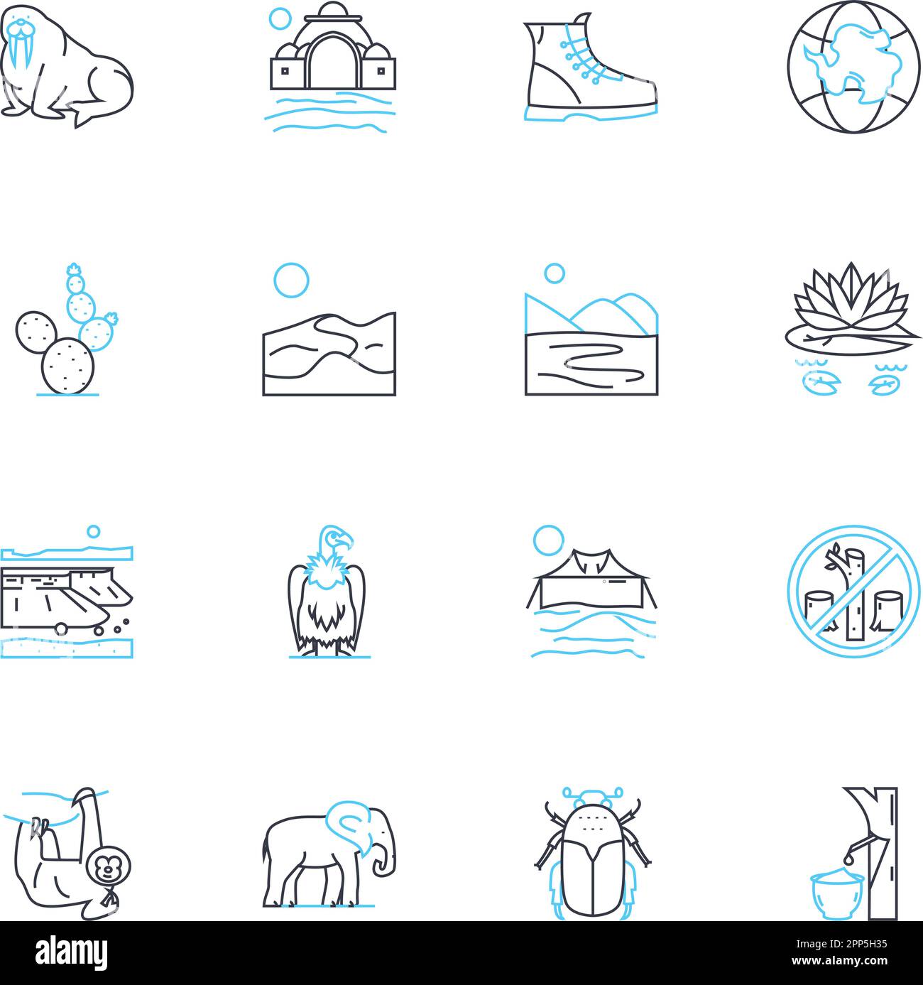 Set di icone lineari del sistema di habitat. Ecosistema, Biosfera, Habitat, biodiversità, ambiente, Ecoregione, vettore di linea Biome e segnali concettuali. Zona umida Illustrazione Vettoriale