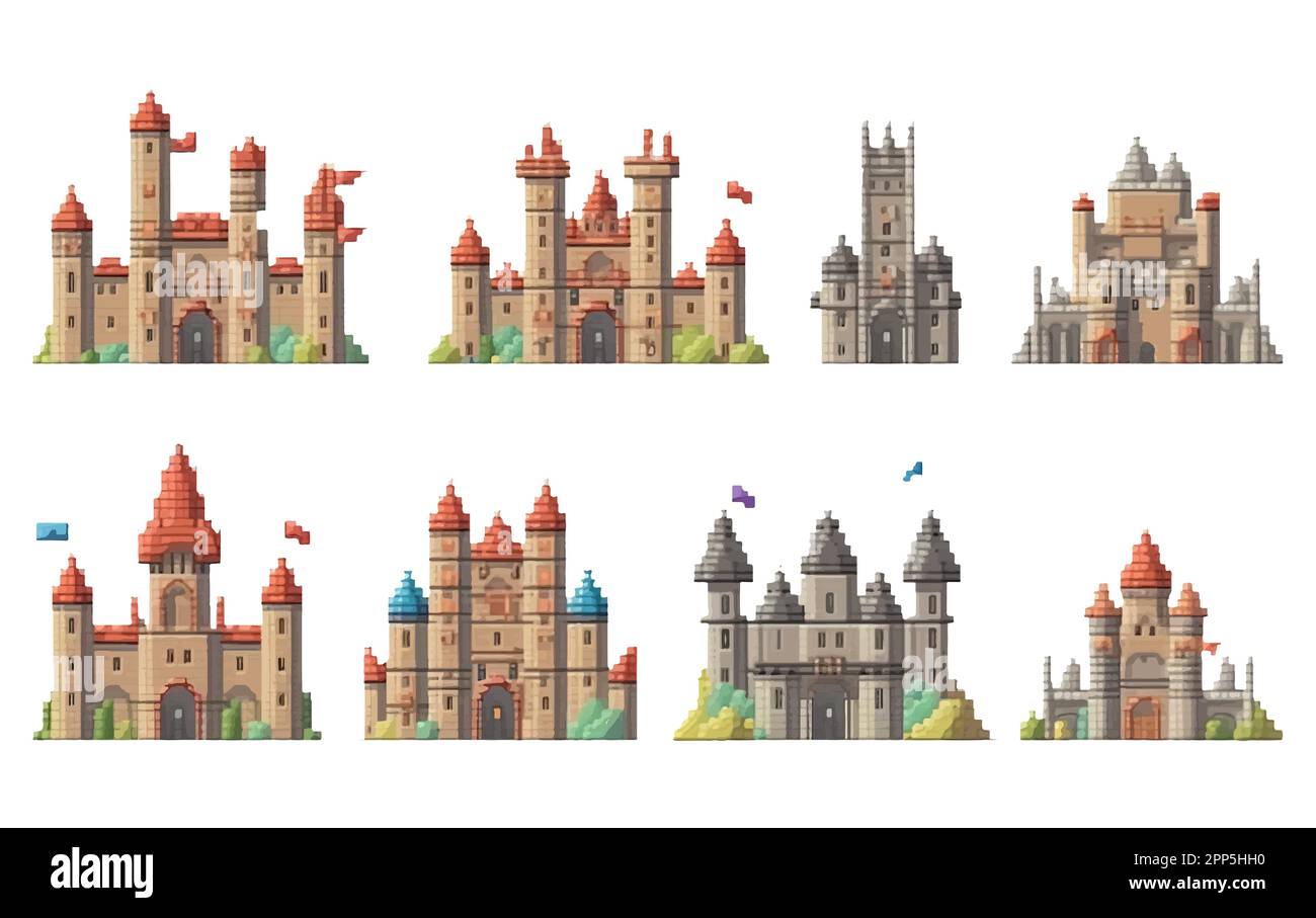 vector set pixel illustration in stile cartone animato protetto concetto knightly castello Illustrazione Vettoriale