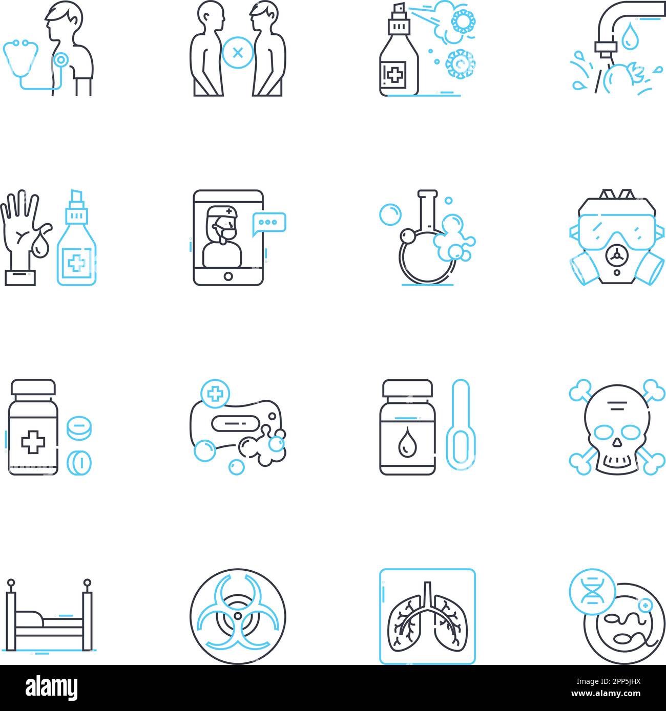 Set di icone lineari microbi. Batteri, funghi, virus, protozoi, Archaea, Peptidoglicano, vettore di linea Pili e segnali concettuali. Flagella, Capsule, plasmidi Illustrazione Vettoriale