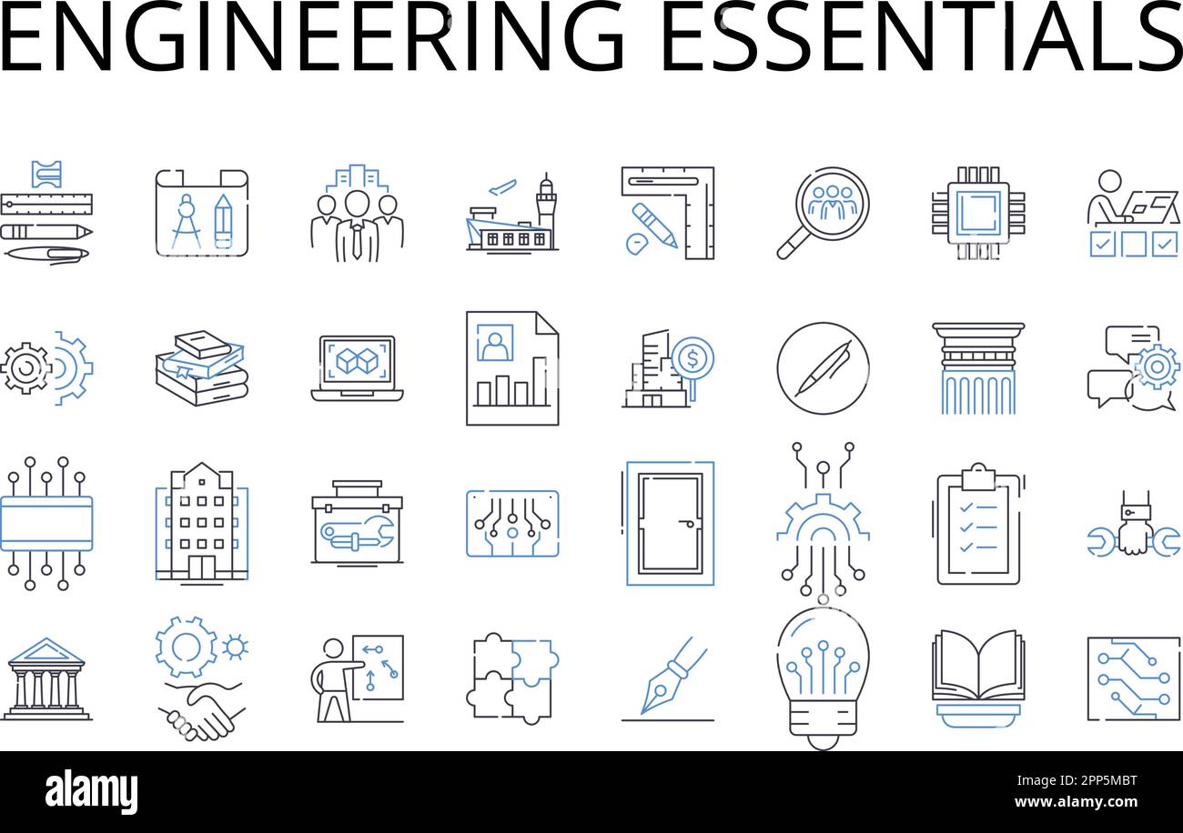 Collezione di icone della linea Engineering Essentials. Nozioni di base sulle aziende, concetti relativi ai computer, concetti di base sul marketing, termini tecnici, concetti relativi alle comunicazioni Illustrazione Vettoriale