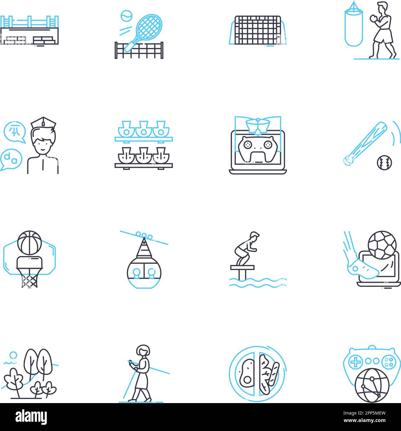 Set icone lineari campo estivo. Avventura, natura, amicizia, esplorazione, Campfire, Sport acquatici, linee di Wilderness e segnali concettuali. Tiro con l'arco Illustrazione Vettoriale