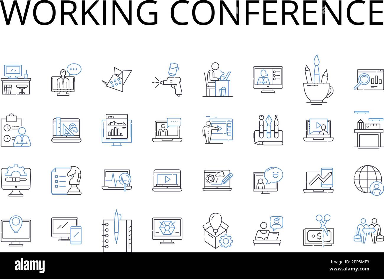 Raccolta di icone delle linee della conferenza in funzione. Riunione aziendale, presentazione delle vendite, lancio dei prodotti, briefing stampa, seminario di gestione, Workshop di formazione Illustrazione Vettoriale