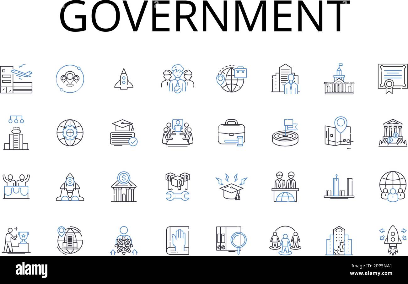 Collezione di icone della linea governativa. Potere di autorità, regime statale, Gestione amministrativa, direzione della governance, sovrintendente regolatore, Regola di regime Illustrazione Vettoriale
