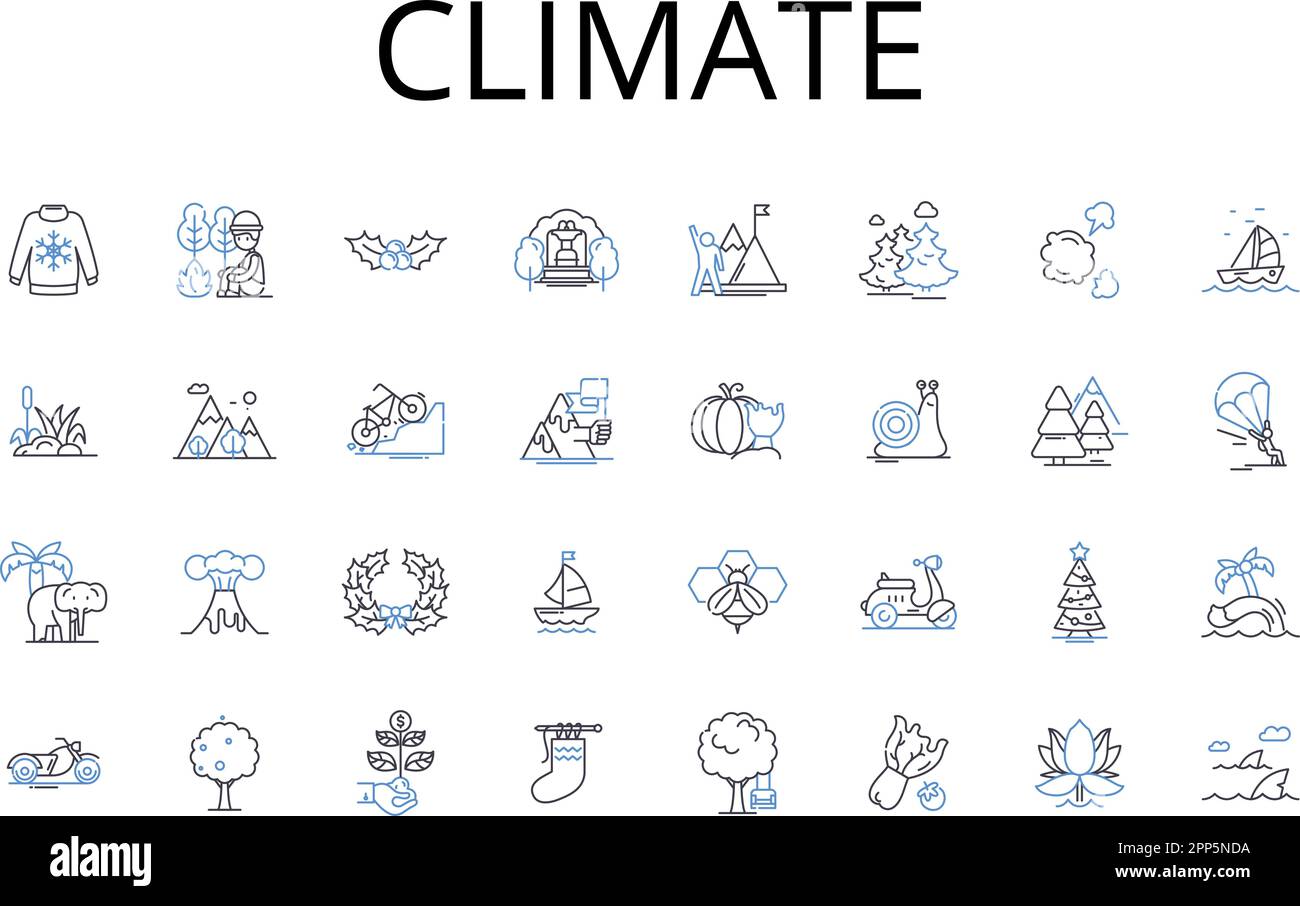 Collezione di icone della linea climatica. Ambiente, atmosfera, tempo, temperatura, Ecologia, Biosfera, vettore ecosistema e illustrazione lineare Illustrazione Vettoriale