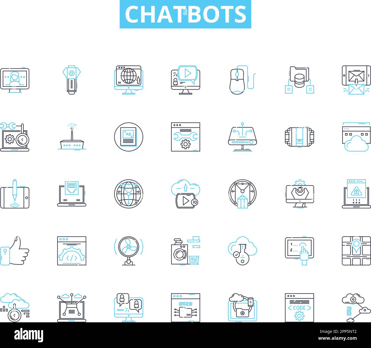 Icone lineari chatbot set. Automazione, conversazione, interazione, intelligenza, intelligenza artificiale, Assistenza, coinvolgimento di vettori di linea e segnali concettuali. Facile da usare Illustrazione Vettoriale