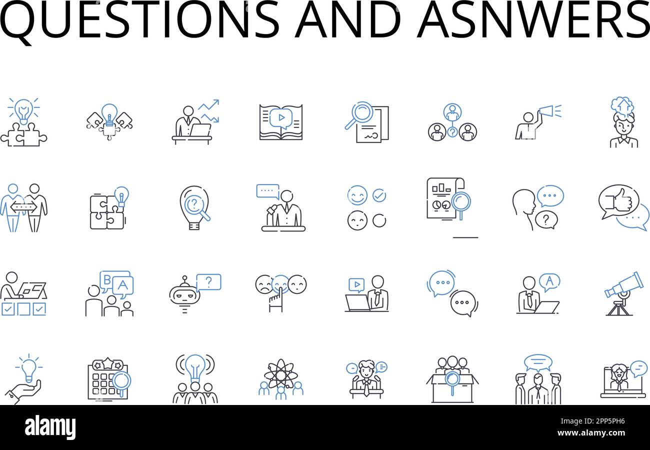 Domande e asnwers linea icone raccolta. Domande e risposte, interrogatori e risposte, domande e soluzioni, domande e spiegazioni Illustrazione Vettoriale