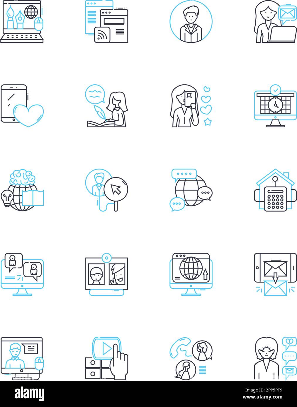 Set di icone lineari per il coinvolgimento del cliente. Interazione, coinvolgimento, partecipazione, relazione, connessione, Comunicazione, vettore di linea di impegno e. Illustrazione Vettoriale