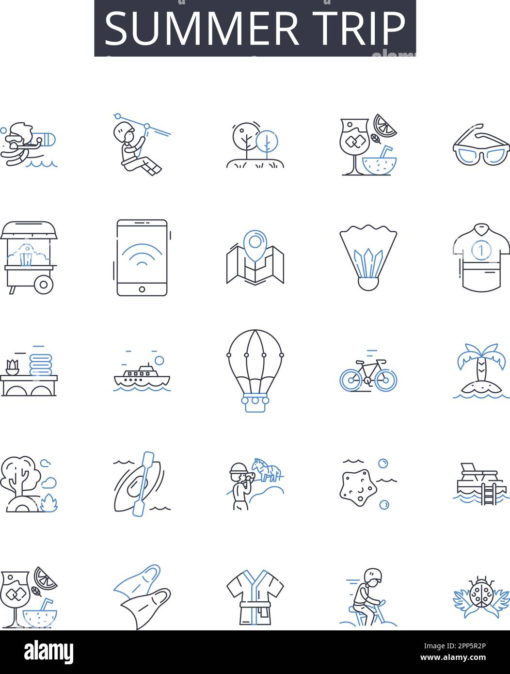 Collezione icone linea viaggio estivo. Fuga in spiaggia, viaggio in strada, spedizione in montagna, escursione sciistica, crociera sul fiume, Vacanza tropicale, vettore City Break Illustrazione Vettoriale