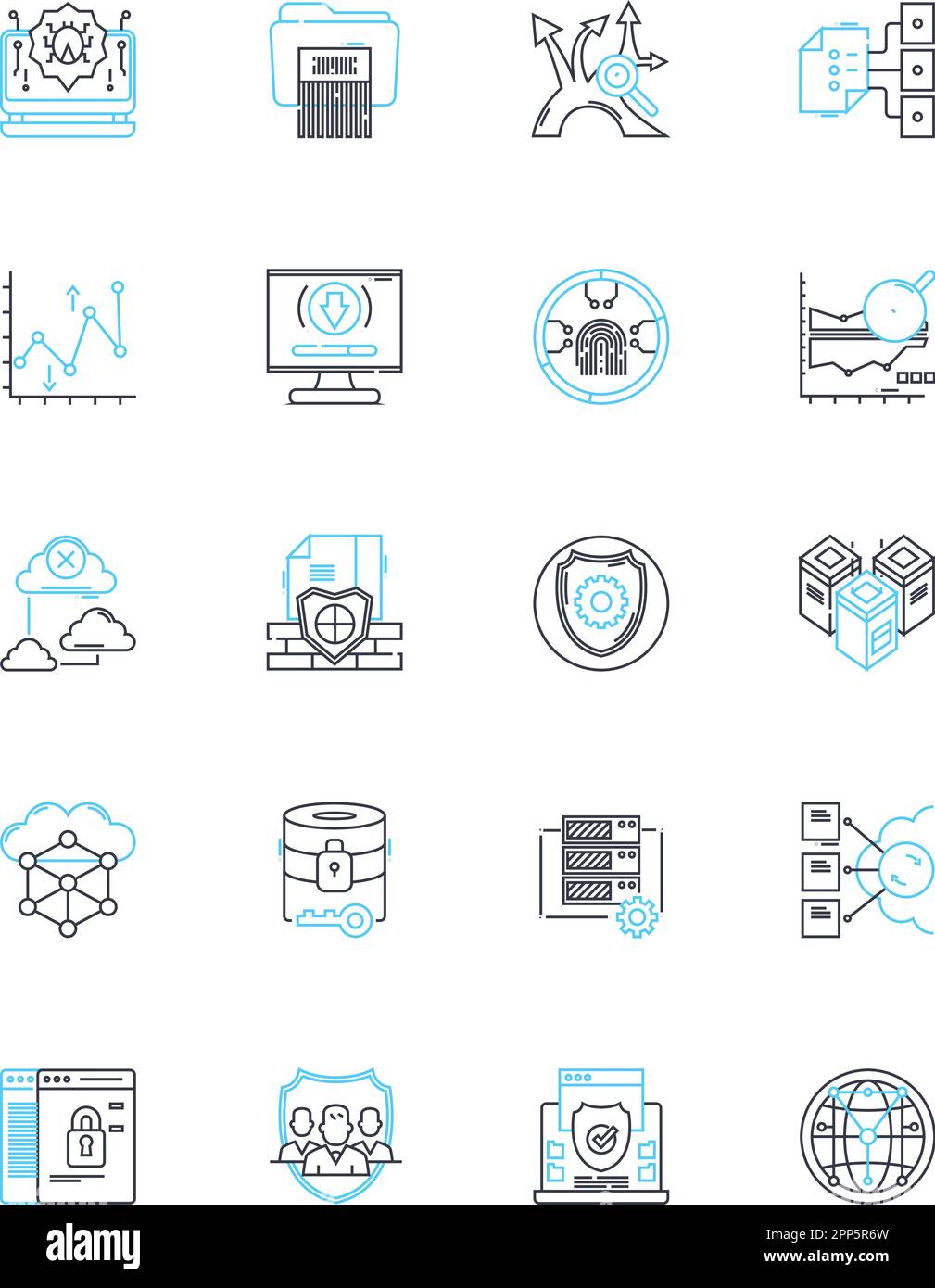 Set di icone lineari per la protezione dei dati. crittografia, sicurezza, backup, privacy, riservatezza, sorveglianza, vettore di linee di vulnerabilità e segnali concettuali Illustrazione Vettoriale