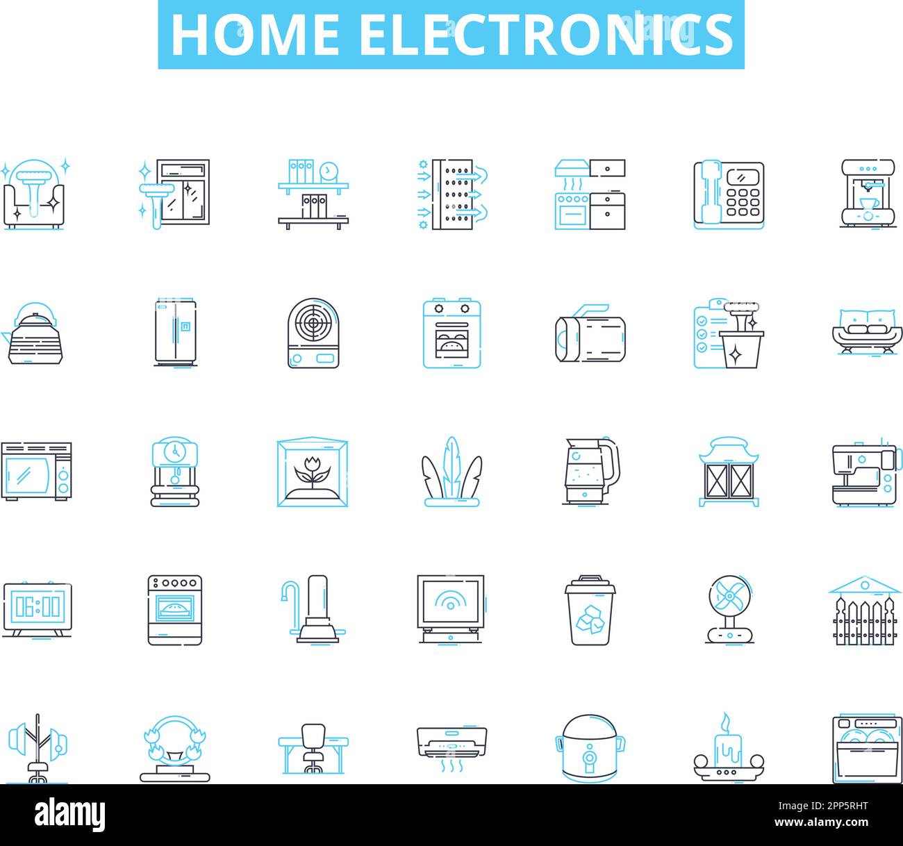 Set di icone lineari per l'elettronica domestica. Televisione, pH, computer, Headphs, Smartwatch, Speaker, Tablet Line Vector e Concept Signs. Macchina fotografica, forno a microonde, forno Illustrazione Vettoriale