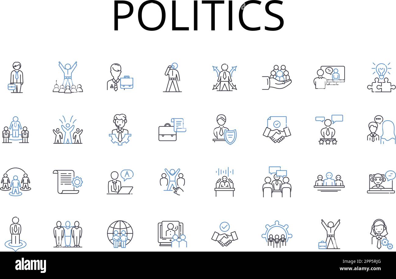 Collezione icone linea politica. Affari governativi, statecraft, Affari pubblici, società civica, scienza politica, Interesse nazionale, Politica pubblica Illustrazione Vettoriale