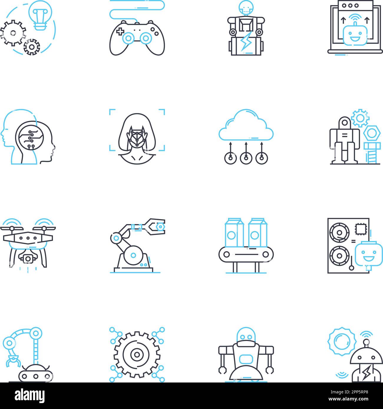 Set di icone lineari Automation Engineering. Robotica, meccatronica, programmazione, controllo, industriale, Integrazione, Sensori vettoriali di linea e segnali concettuali Illustrazione Vettoriale