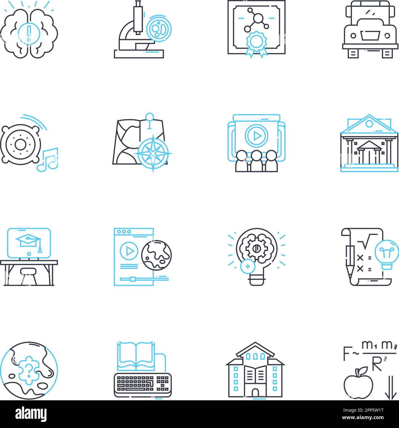 Set di icone lineari per l'apprendimento basato sul Web. E-Learning, Podcasting, formazione online, aula virtuale, apprendimento misto, Webinar, vettore di linea di Gamification Illustrazione Vettoriale
