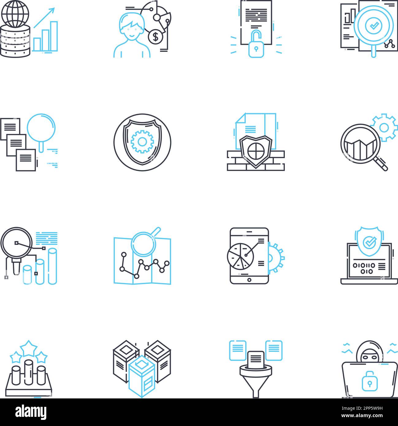 Set di icone lineari per la gestione dei dati. Database, analisi, sicurezza, backup, integrazione, Migrazione, vettore di linea di pulizia e segnali concettuali. Stoccaggio Illustrazione Vettoriale