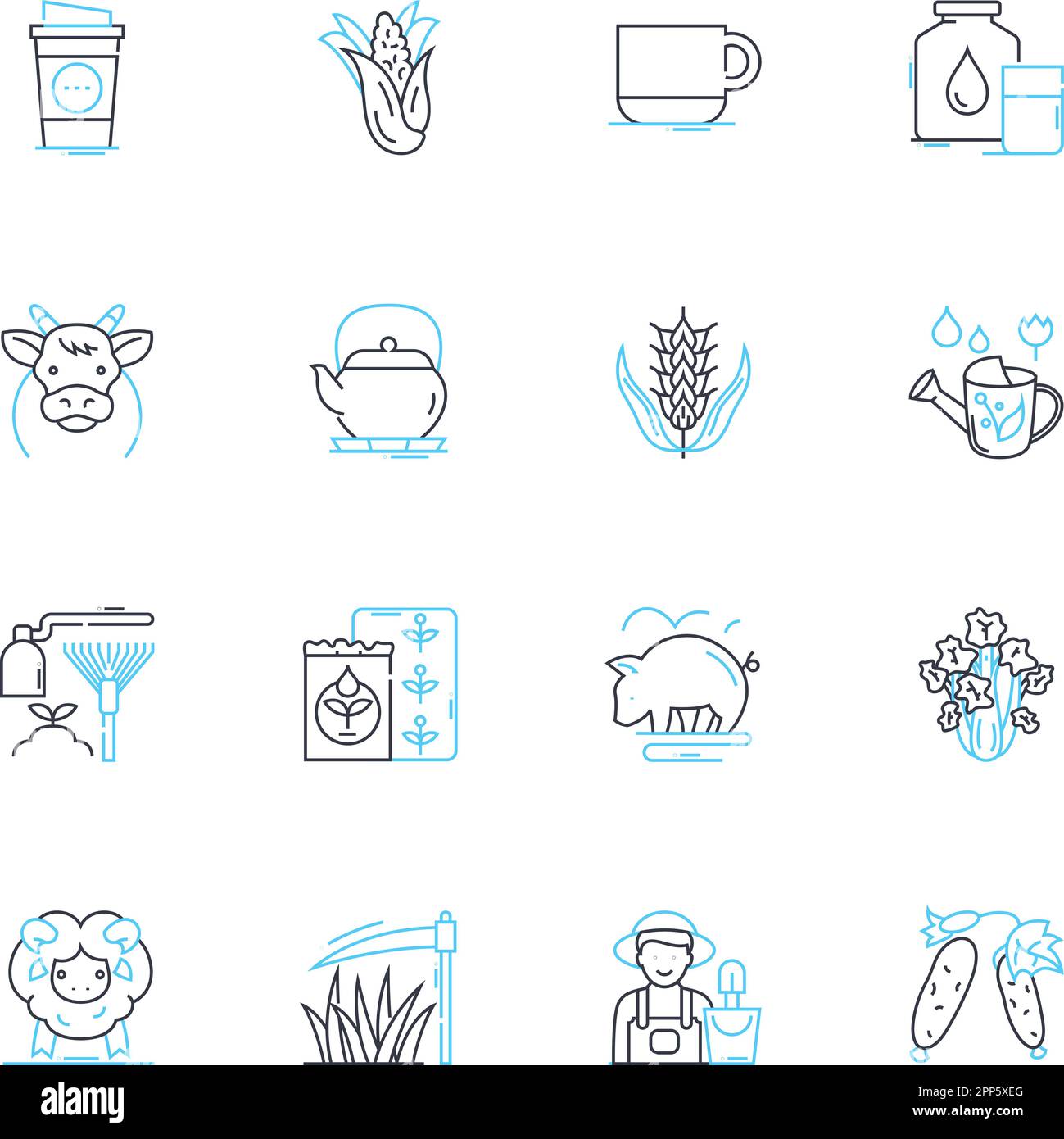 Set di icone lineari da giardino. Fiori, piante, suolo, erba, acqua, Luce solare, linee di semi e segnali concettuali. Arbusti, alberi, contorni di verdure Illustrazione Vettoriale