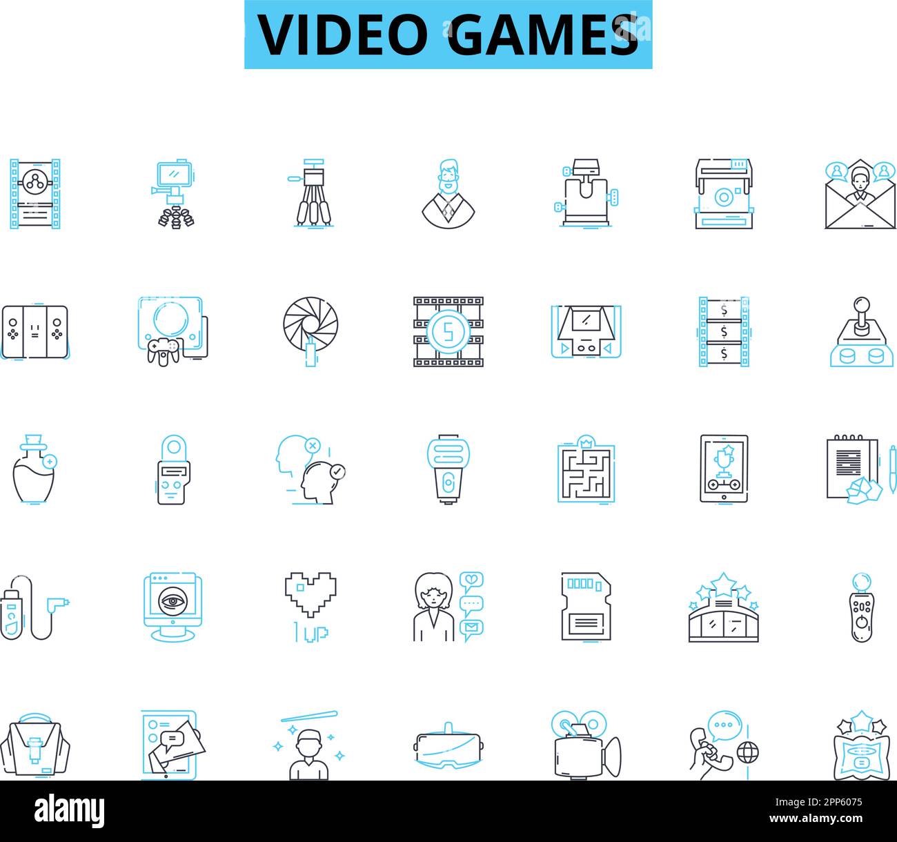 Set di icone lineari per videogiochi. Avventura, Console, eSport, Divertimento, gioco, Grafica, vettore di linea immersivo e segnali concettuali. Innovazione,MMO,Multiplayer Illustrazione Vettoriale