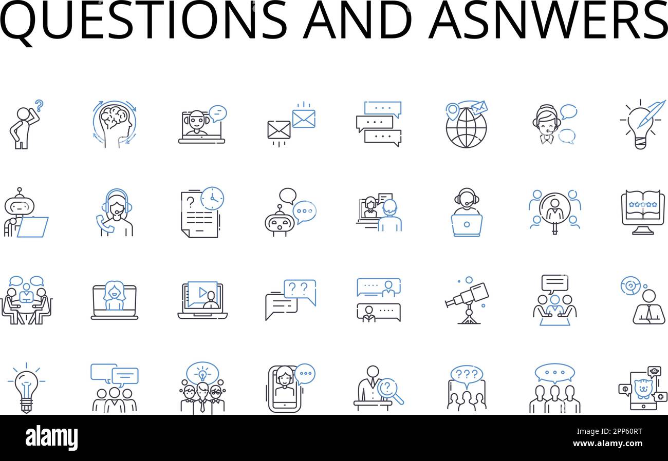 Domande e asnwers linea icone raccolta. Domande e risposte, interrogatori e risposte, domande e soluzioni, domande e spiegazioni Illustrazione Vettoriale