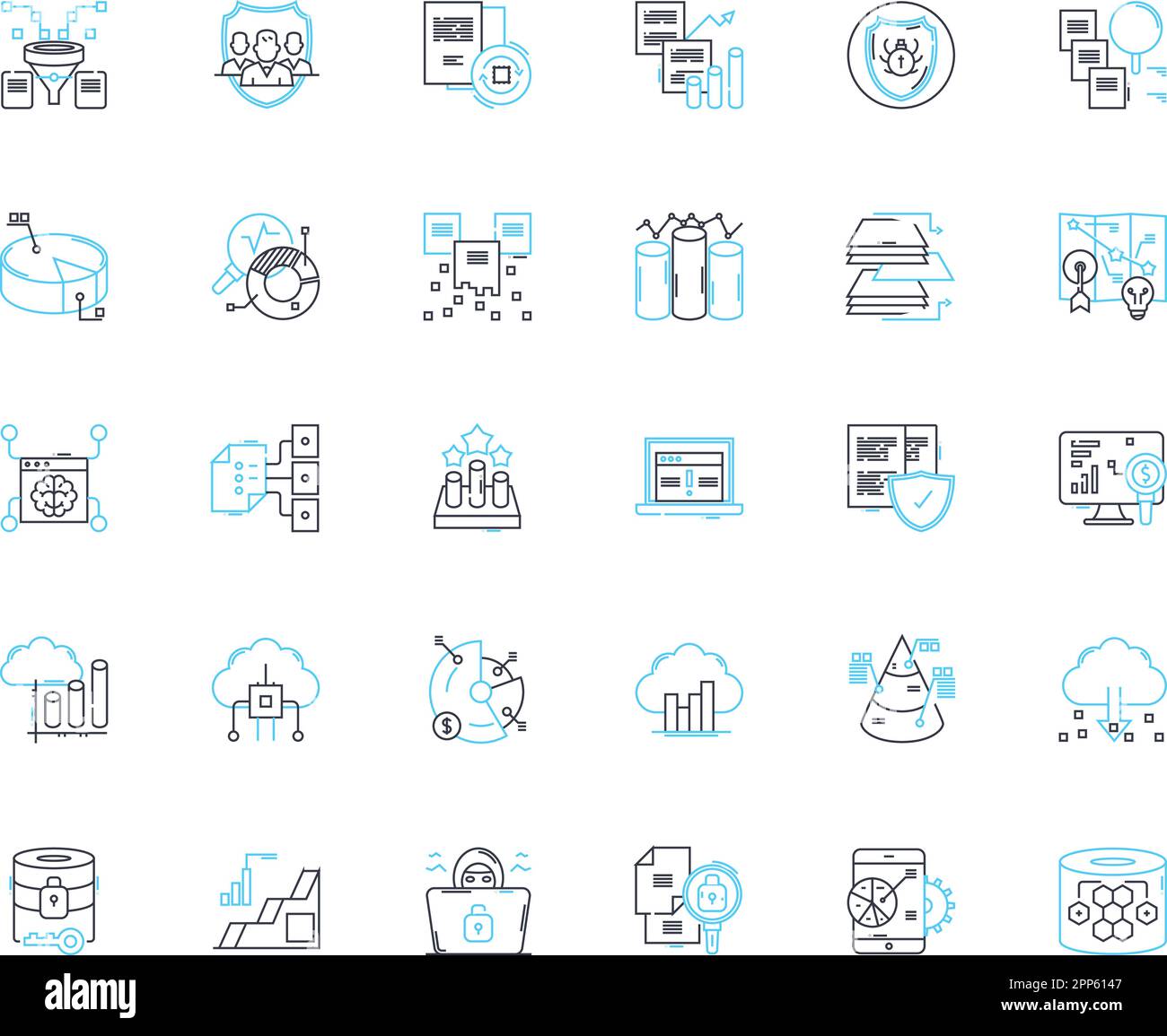 Set di icone lineari per la gestione dei dati. Database, analisi, sicurezza, backup, integrazione, Migrazione, vettore di linea di pulizia e segnali concettuali. Stoccaggio Illustrazione Vettoriale