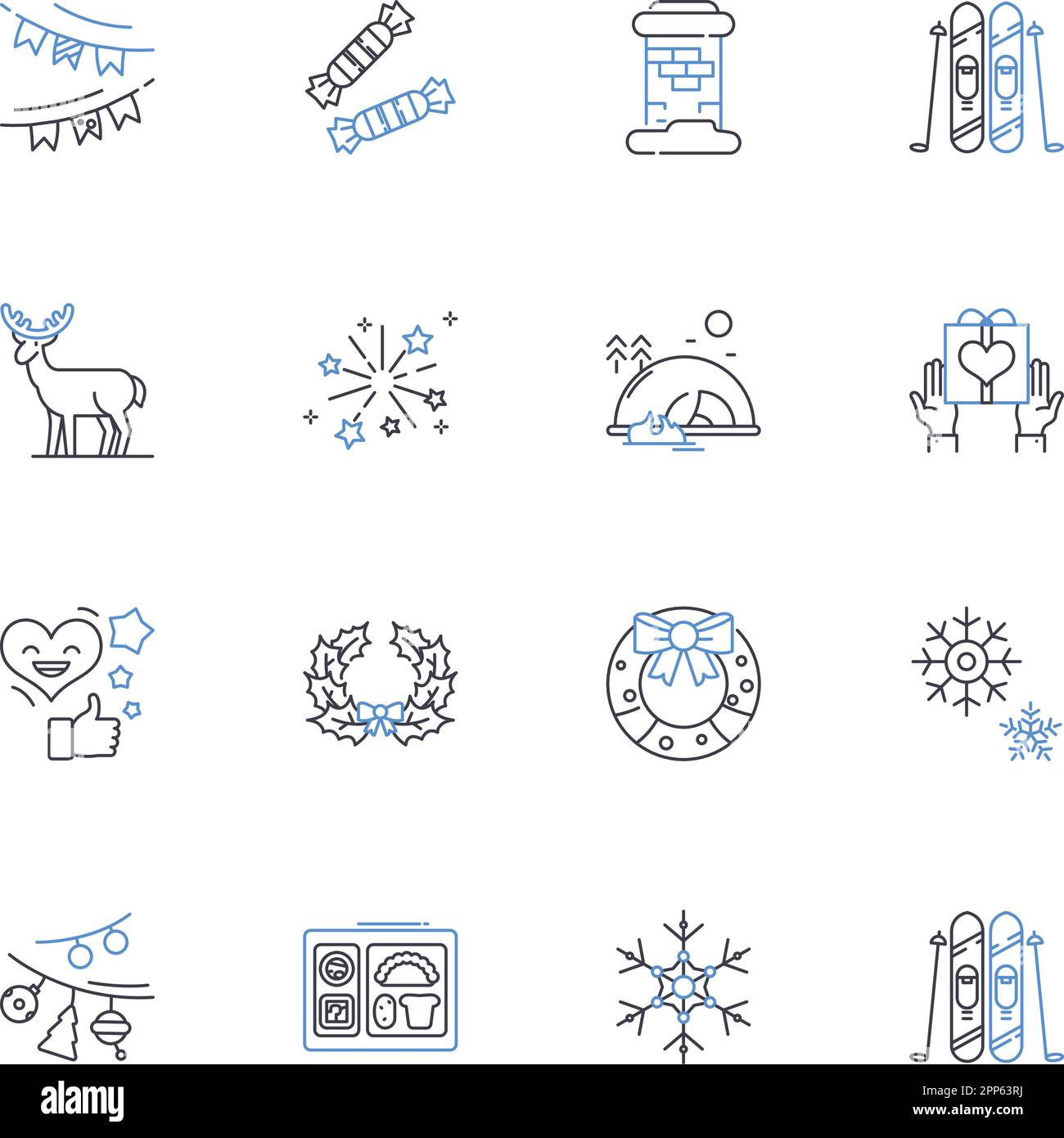 Collezione di icone della linea Three Kings Day. Epifania, regali, Magi, celebrazioni, Tradizioni, Rosca, Feliz vettoriale e illustrazione lineare. Poinsettias Illustrazione Vettoriale