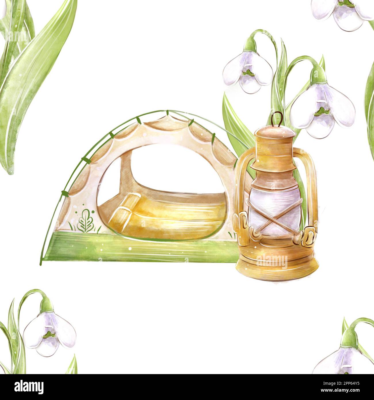 Motivo acquerello senza cuciture sul tema del viaggio, del campeggio, della primavera. Tenda, lampada di kerosene nella foresta. Per la progettazione di tessuti, sfondo, scrapb Foto Stock