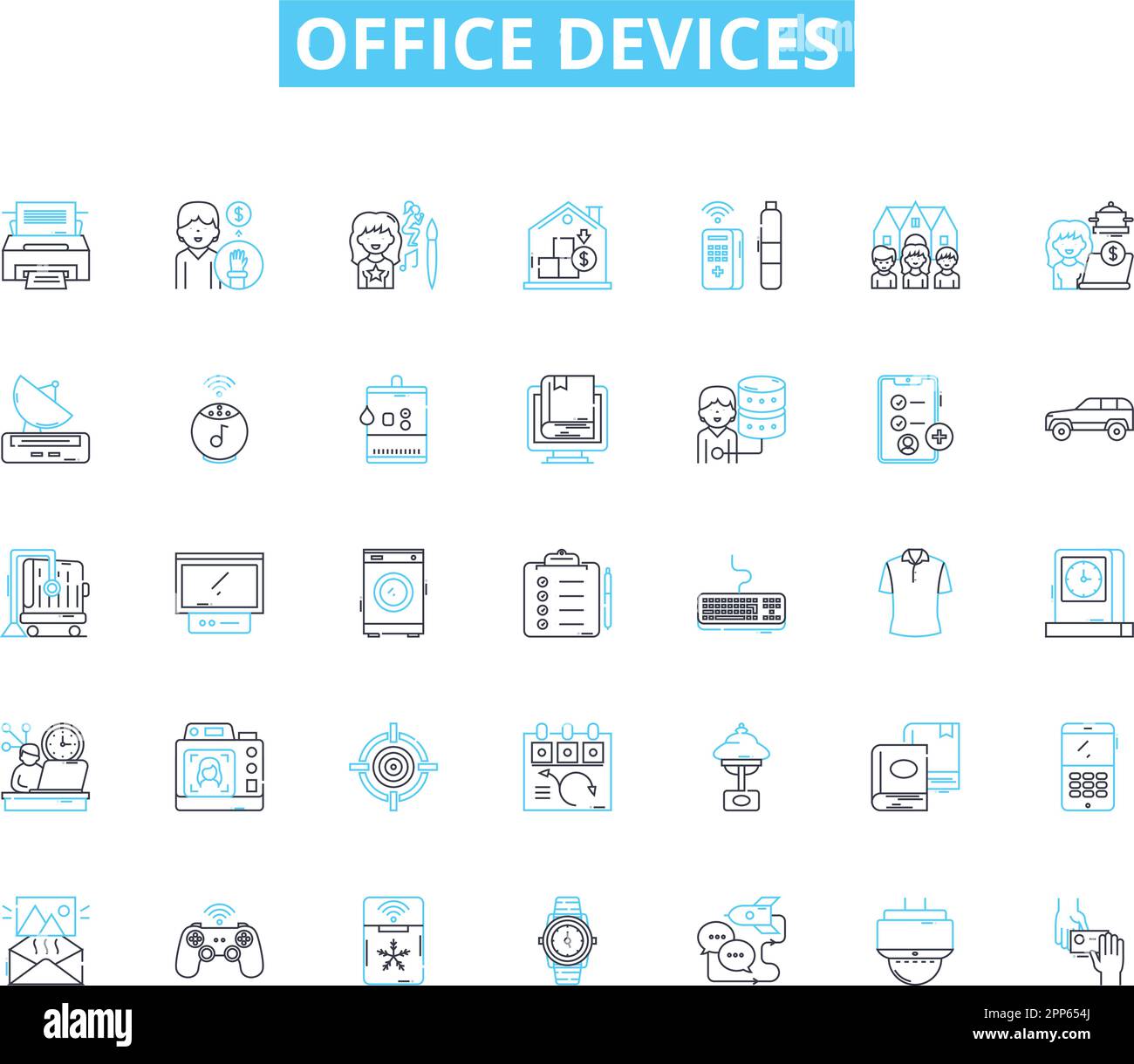 Set di icone lineari per dispositivi Office. Stampante, scanner, copiatrice, fax, mouse, Tastiera, vettore di linea monitor e segnali concettuali. Laptop, computer, stampante Illustrazione Vettoriale