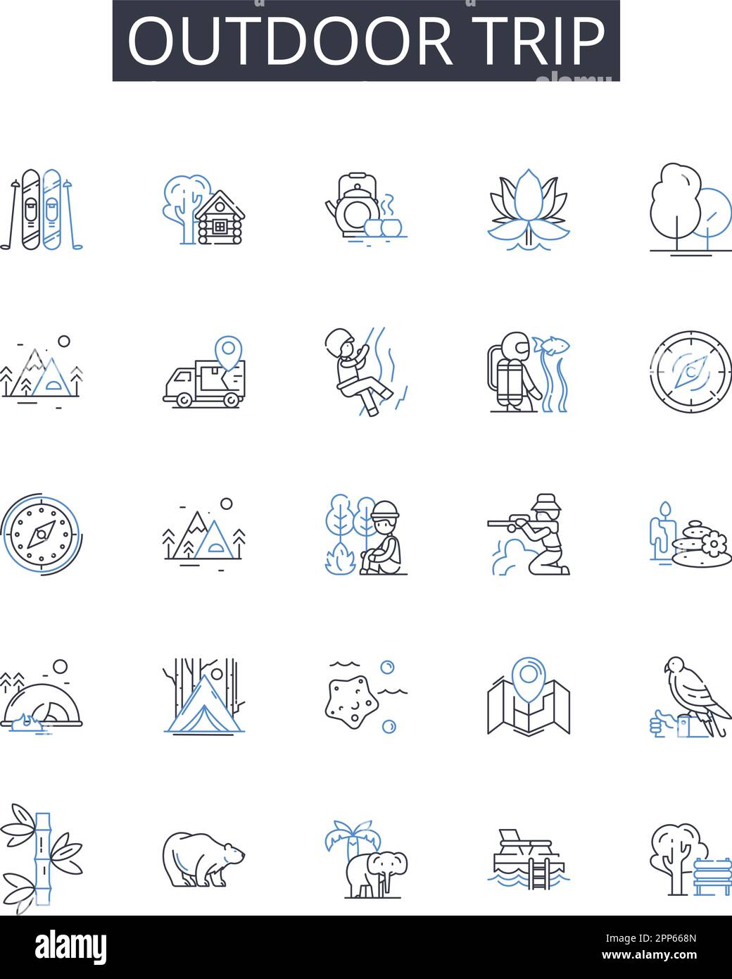 Collezione di icone della linea di viaggio all'aperto. Vacanza in spiaggia, escursione in montagna, escursione nella foresta, fuga in città, viaggio in strada, Camping avventura, vettore vacanze sci e. Illustrazione Vettoriale