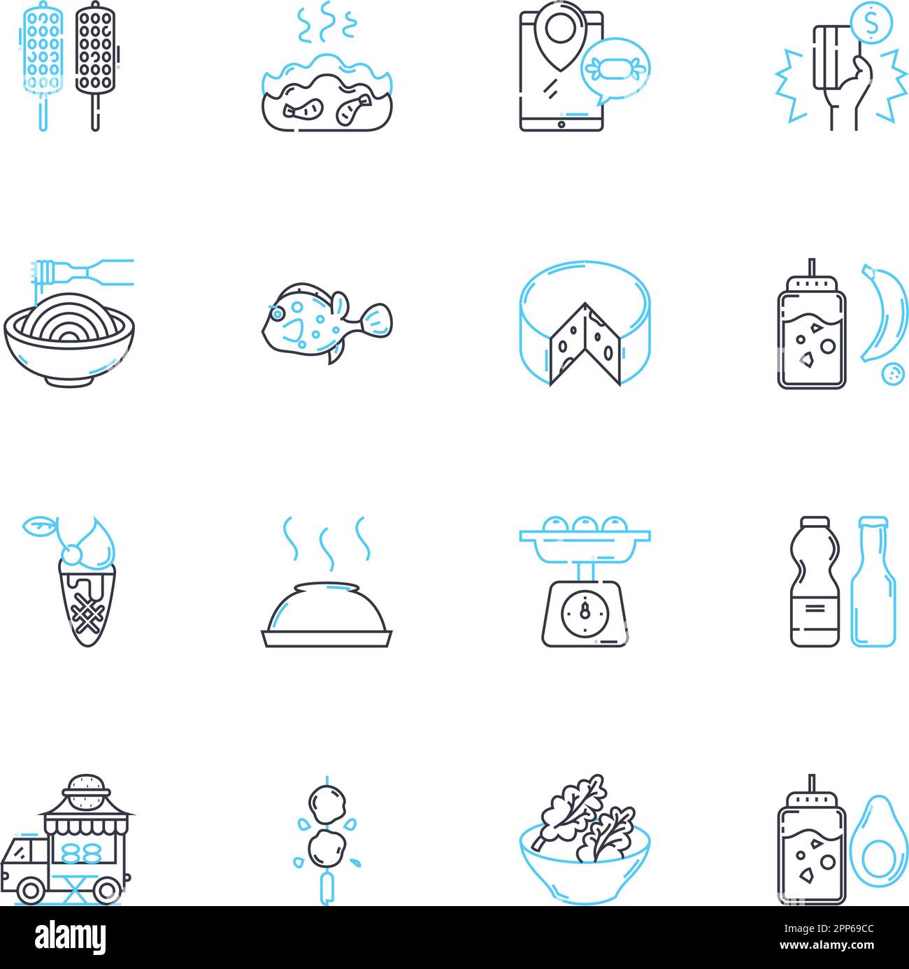 Set di icone lineari per il settore alimentare. Produzione, ingredienti, qualità, sicurezza, lavorazione, Confezionamento, linee di prodotti per l'igiene e segnaletica concettuale Illustrazione Vettoriale