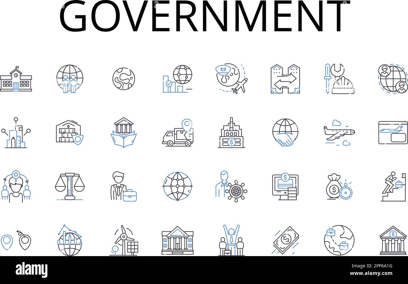 Collezione di icone della linea governativa. Potere di autorità, regime statale, Gestione amministrativa, direzione della governance, sovrintendente regolatore, Regola di regime Illustrazione Vettoriale