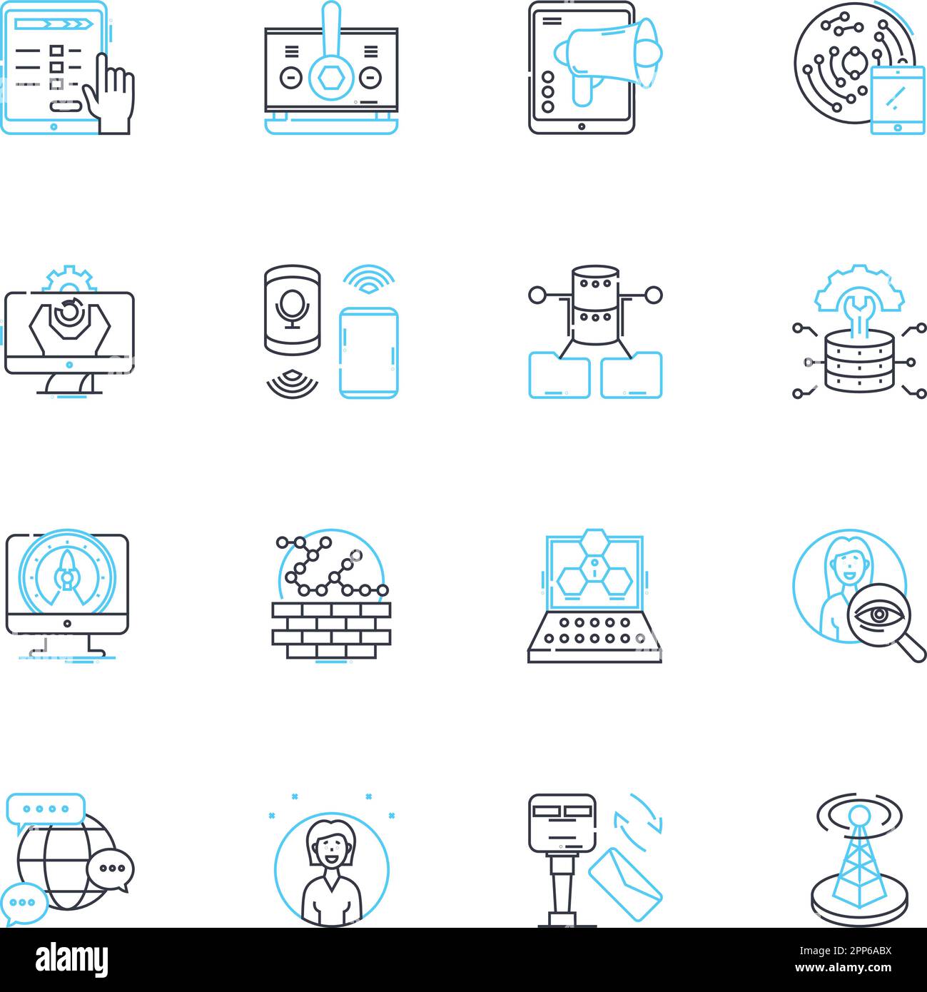 Set di icone lineari per la comunicazione online. Istantaneo, efficiente, ottimizzato, preciso, dinamico, Segnaletica vettoriale e concettuale flessibile e sicura Illustrazione Vettoriale