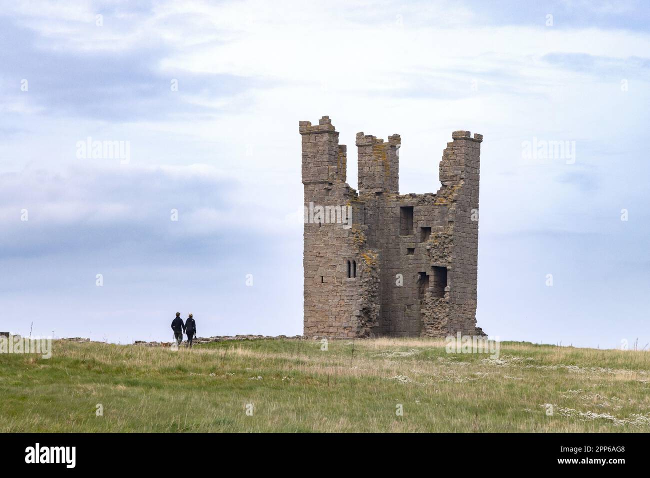 Una coppia a piedi al Castello di Dunstanburgh, un castello medievale in rovina del 14th ° secolo sulla costa, Northumberland UK Foto Stock