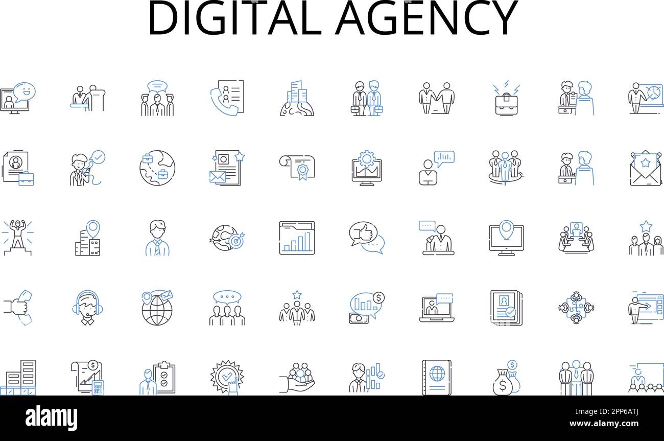 Collezione di icone della linea Digital Agency. Aspirazione, successo, progressione, ambizione, crescita, Avanzamento, vettore di sviluppo e illustrazione lineare Illustrazione Vettoriale