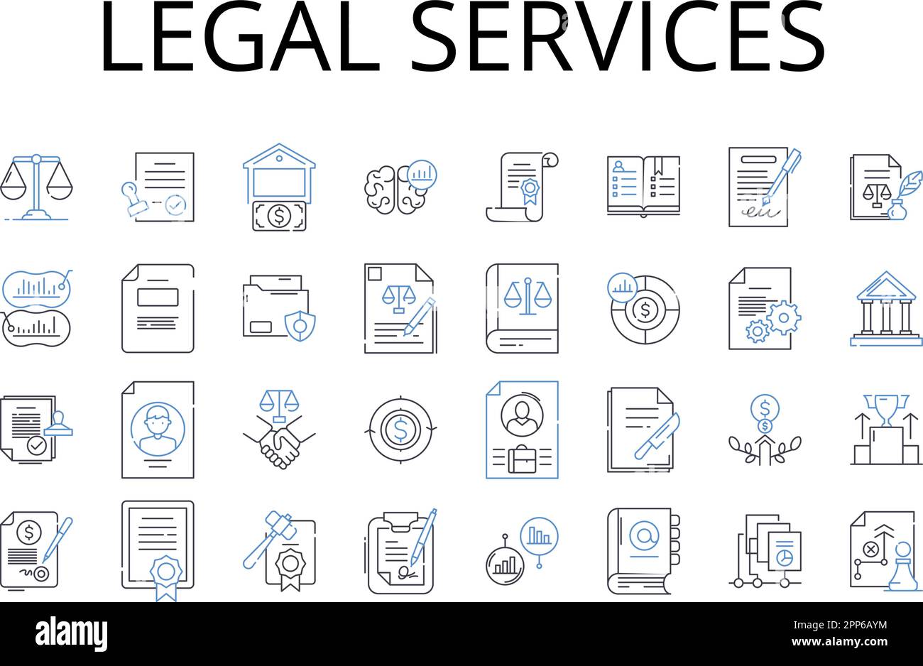 Raccolta di icone della riga servizi legali. Assistenza legale, consulente legale, avvocato, rappresentanza, assistenza, Consulenza, vettore di consultazione e illustrazione lineare Illustrazione Vettoriale