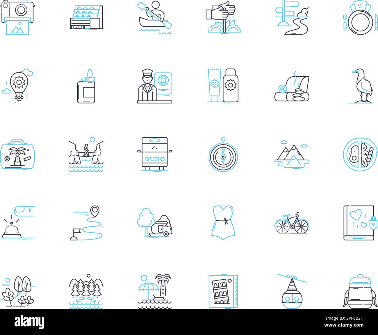 Avventura escursione lineare icone set. Spedizione, Trek, Safari, viaggio, Odyssey, Segni di viaggio, vettore di linea quest e di concetto. Esplora, scopri Illustrazione Vettoriale